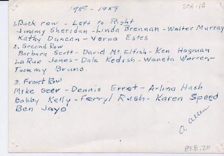 89.8.20 Lamb Creek 1958-59 1st and 2nd Grade Student List on back of Photo